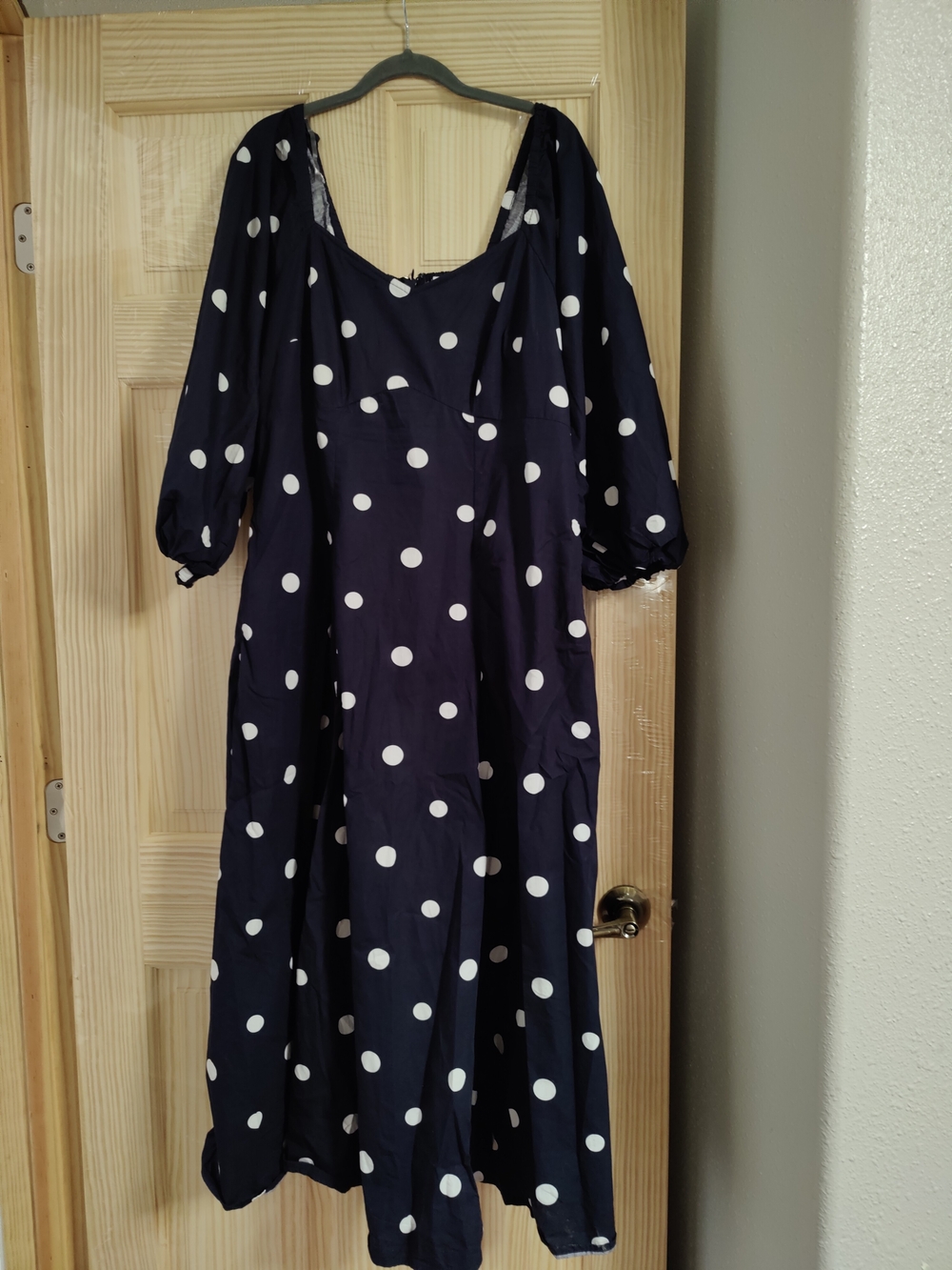 Navy Blue Polka Dot Midi Dress with Puff Sleeves size 16-18